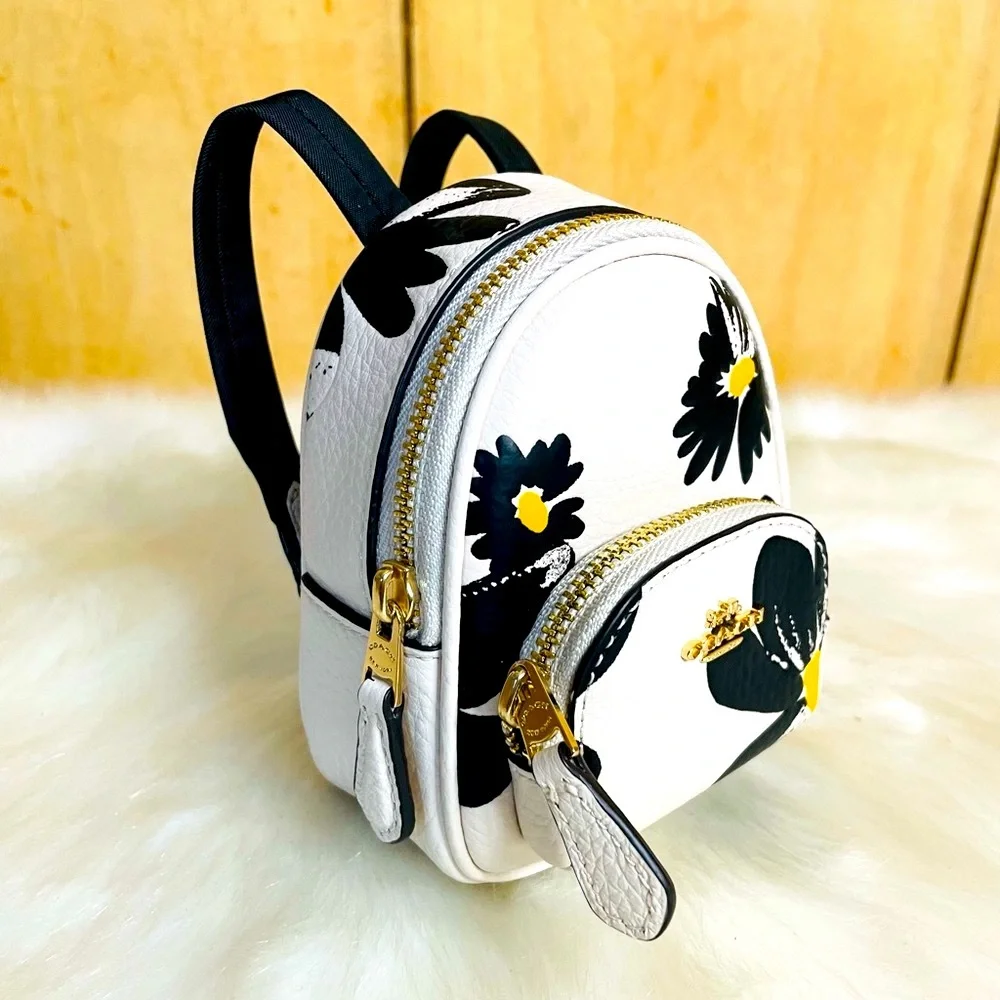 NWT Coach Brown Mini Court Backpack Bag Charm withh Floral Print